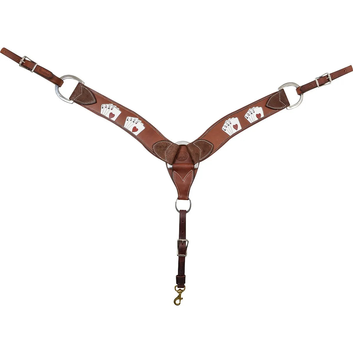 Martin Saddlery Card Suit Breast Collar in 2-3/4 inch chocolate leather featuring hand-painted four-of-a-kind aces. This premium Western horse tack includes dark roughout leather overlays, durable stainless steel hardware, and adjustable tug straps. A stylish choice for barrel racing, rodeo, or western show performances. High-quality dark brown leather breastplate with unique gambler-themed artwork and a brass snap-end center strap.