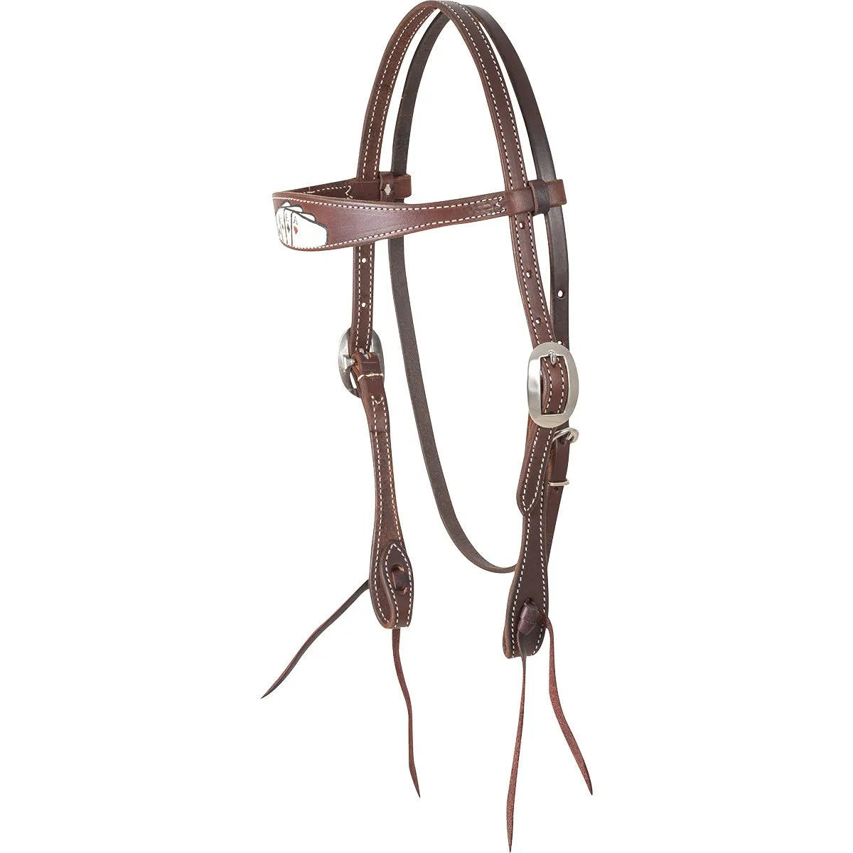 Martin Saddlery chocolate leather browband headstall for horses. Features a unique card suit design on a white leather browband with a hand of Aces and Hearts. Detailed with crisp white stitching and adjustable silver-tone buckles. Premium western horse tack perfect for rodeo, barrel racing, or everyday riding. Durable high-quality leather construction ensures a secure fit and classic look.