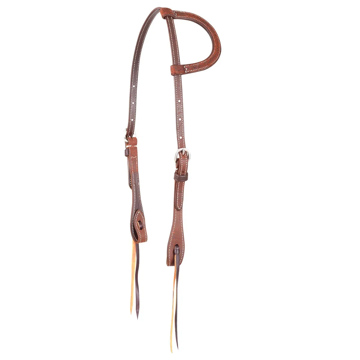 Martin Saddlery Chestnut Roughout One Ear Headstall crafted from premium leather. This western horse bridle features a stylish single-ear loop, durable roughout texture, and detailed white perimeter stitching. Includes an adjustable silver-tone buckle and traditional leather tie-ends for secure bit attachment. Perfect for western performance, ranch work, or daily riding, this high-quality chestnut leather headstall offers a classic, professional look for any horse.