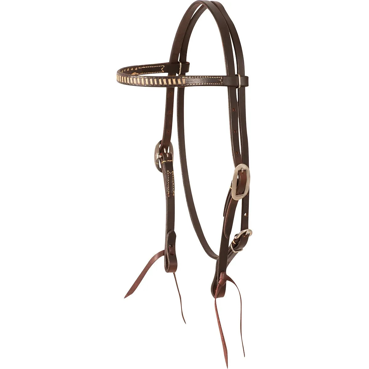 Martin Saddlery Chocolate Rawhide Laced Browband Headstall crafted from premium dark brown harness leather. This Western horse bridle features intricate rawhide lacing on the browband and cheeks, silver-tone buckles, and traditional tie-bit ends. A high-quality, durable equestrian accessory perfect for training, trail riding, or the show ring. Elevate your Western tack collection with this professional-grade leather headstall.