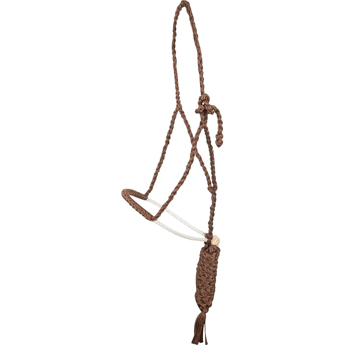 Martin Saddlery Chocolate Rope Nose Halter with 8ft Lead. Features a durable braided chocolate brown rope construction with a contrasting white nose piece. This essential horse tack includes an integrated lead rope with a thick braided tail for secure handling. Ideal for training and everyday equestrian use, this stylish western halter offers both functionality and classic style for your horse.