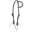 Martin Saddlery dark brown leather single ear headstall featuring copper patina and turquoise accents. This western horse tack includes white contrast stitching, a beaded ear piece with turquoise studs, and large ornate turquoise and copper buckles. Finished with vibrant turquoise leather bit ties, this high-quality headstall is perfect for western performance, trail, or show. Durable and stylish western equestrian gear for horses.
