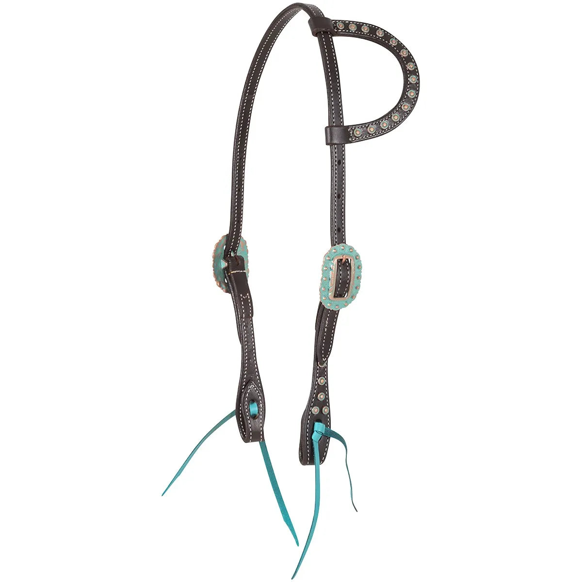 Martin Saddlery dark brown leather single ear headstall featuring copper patina and turquoise accents. This western horse tack includes white contrast stitching, a beaded ear piece with turquoise studs, and large ornate turquoise and copper buckles. Finished with vibrant turquoise leather bit ties, this high-quality headstall is perfect for western performance, trail, or show. Durable and stylish western equestrian gear for horses.