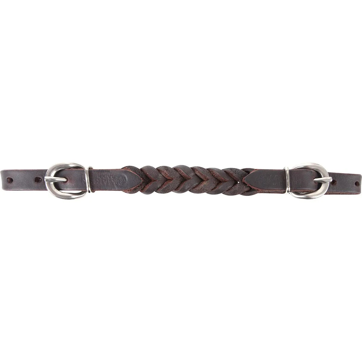 Martin Saddlery dark brown leather curb strap featuring an intricate hand-braided blood knot center. This premium Western equestrian tack includes adjustable ends with sleek silver buckles for a precise fit. Durable and stylish, it's the perfect high-quality hardware addition to any horse's bridle for ranch work or competitive performance.