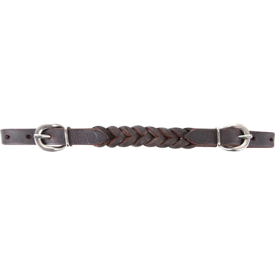 Martin Saddlery dark brown leather curb strap featuring an intricate hand-braided blood knot center. This premium Western equestrian tack includes adjustable ends with sleek silver buckles for a precise fit. Durable and stylish, it's the perfect high-quality hardware addition to any horse's bridle for ranch work or competitive performance.