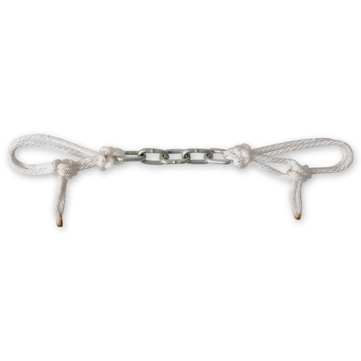 Martin Saddlery Dog Chain Curb Strap featuring a durable silver-tone metal center chain and white braided nylon rope loops. This adjustable horse tack accessory is designed for precise bit control and long-lasting use. A high-quality addition to any western bridle, this curb strap offers a professional look and reliable performance for horse training and daily riding.