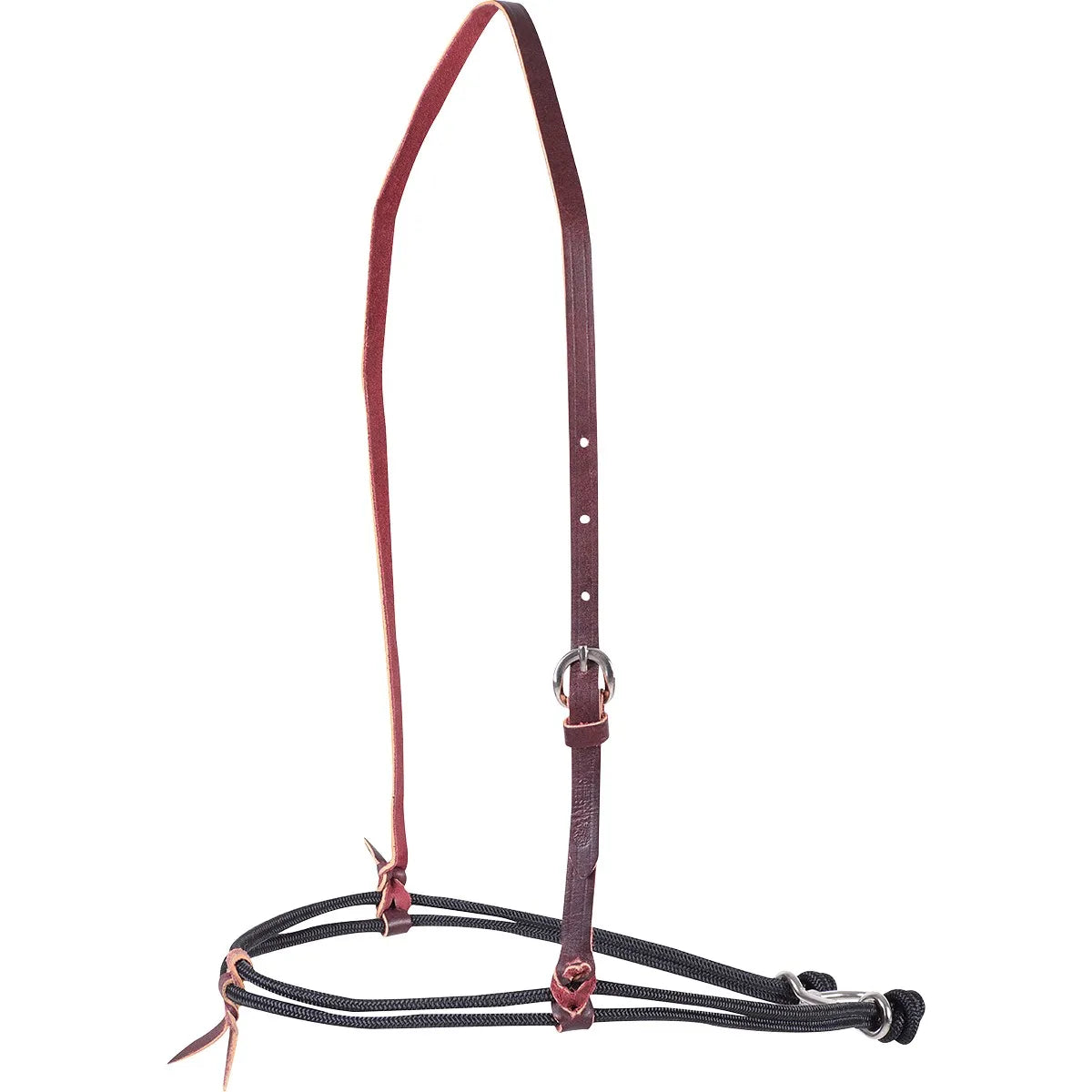 Martin Saddlery Double Nylon Rope Horse Noseband in black, designed for clear communication and precise training. Features a double-strand nylon rope nose piece paired with an adjustable burgundy leather headstall and silver-tone buckle. This high-quality western horse tack offers durability and control, perfect for enhancing responsiveness and communication with your horse.