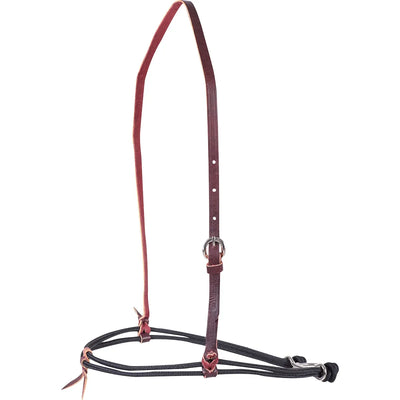 Martin Saddlery Double Nylon Rope Horse Noseband in black, designed for clear communication and precise training. Features a double-strand nylon rope nose piece paired with an adjustable burgundy leather headstall and silver-tone buckle. This high-quality western horse tack offers durability and control, perfect for enhancing responsiveness and communication with your horse.