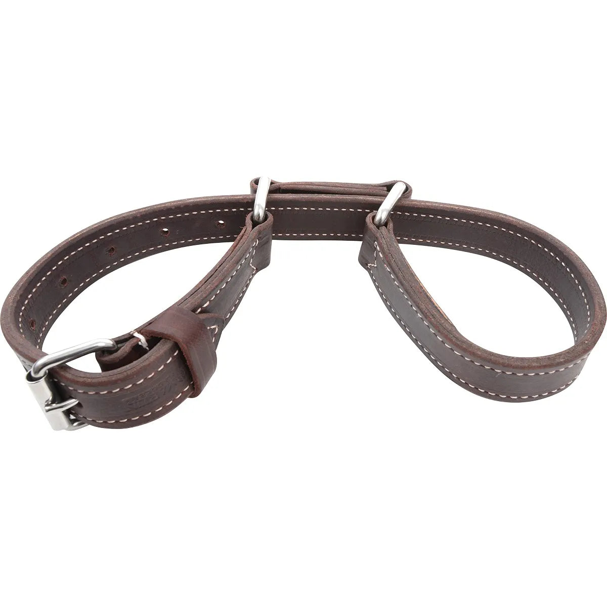 Martin Saddlery Double Stitched Latigo Leather Horse Hobbles in rich dark brown leather with white contrast stitching. These heavy-duty equine hobbles feature durable silver-toned metal hardware and an adjustable buckle for a secure fit. Essential horse training equipment for restraint and trail riding, crafted with premium craftsmanship for longevity and safety.