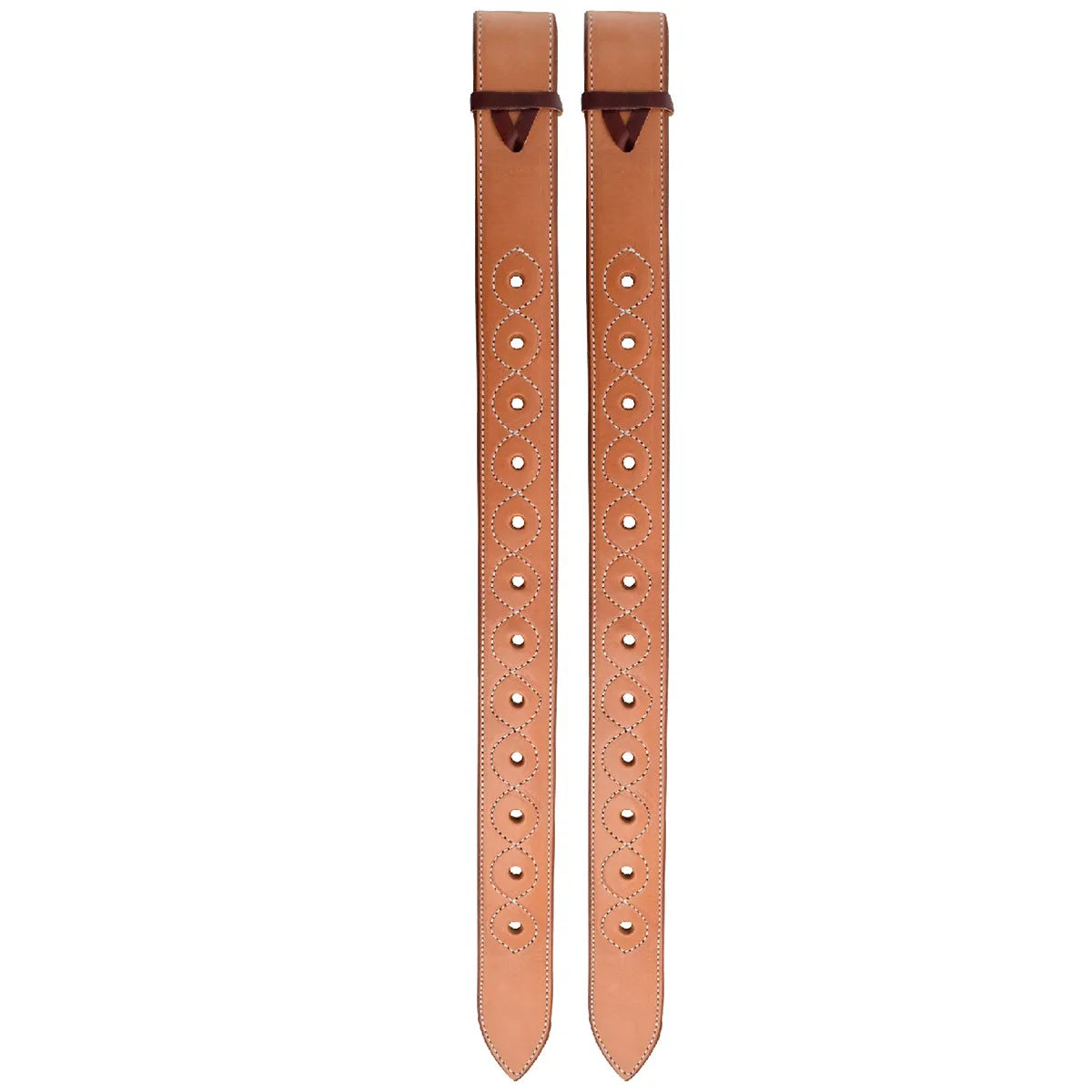 Martin Saddlery Flank Billet pair crafted from durable natural skirting leather in a classic tan finish. These Western horse saddle accessories feature elegant white scalloped stitching, pre-punched adjustment holes, and dark leather ties. High-quality equestrian gear designed for long-lasting performance and a professional look. Ideal for riders seeking reliable, stylish leather tack for their Western saddle setup.