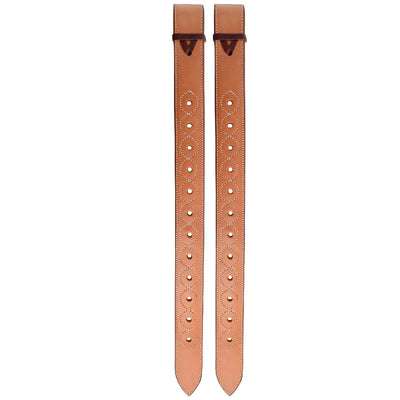 Martin Saddlery Flank Billet pair crafted from durable natural skirting leather in a classic tan finish. These Western horse saddle accessories feature elegant white scalloped stitching, pre-punched adjustment holes, and dark leather ties. High-quality equestrian gear designed for long-lasting performance and a professional look. Ideal for riders seeking reliable, stylish leather tack for their Western saddle setup.