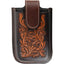 Martin Saddlery Floral Tooled Phone Holder in rich dark brown leather with tan hand-tooled floral accents. This Western leather cell phone holster features white contrast stitching and a secure top flap closure. Perfect for riders, this stylish equestrian accessory blends rustic craftsmanship with modern functionality to keep your phone safe on the trail or at the ranch.