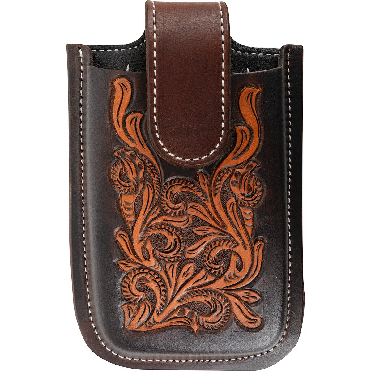 Martin Saddlery Floral Tooled Phone Holder in rich dark brown leather with tan hand-tooled floral accents. This Western leather cell phone holster features white contrast stitching and a secure top flap closure. Perfect for riders, this stylish equestrian accessory blends rustic craftsmanship with modern functionality to keep your phone safe on the trail or at the ranch.
