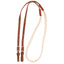 Martin Saddlery Hand Braided Nylon Barrel Rein featuring a soft, white braided rope for superior grip and adjustable brown leather ends. These professional Western horse reins include silver-tone conway buckles for customizable length and decorative braided leather knots. Durable and stylish equestrian gear designed for barrel racing and performance riding.