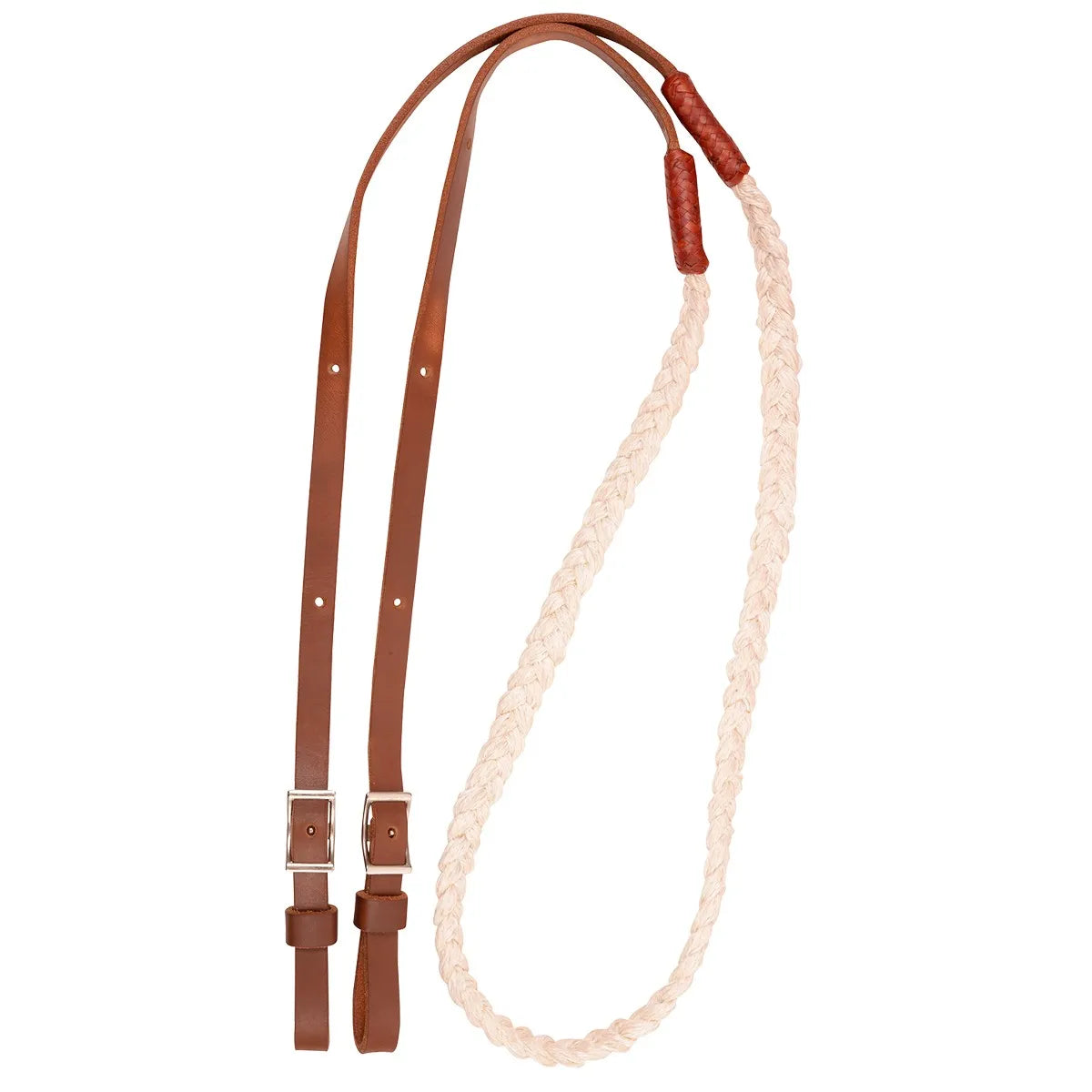 Martin Saddlery Hand Braided Nylon Barrel Rein featuring a soft, white braided rope for superior grip and adjustable brown leather ends. These professional Western horse reins include silver-tone conway buckles for customizable length and decorative braided leather knots. Durable and stylish equestrian gear designed for barrel racing and performance riding.