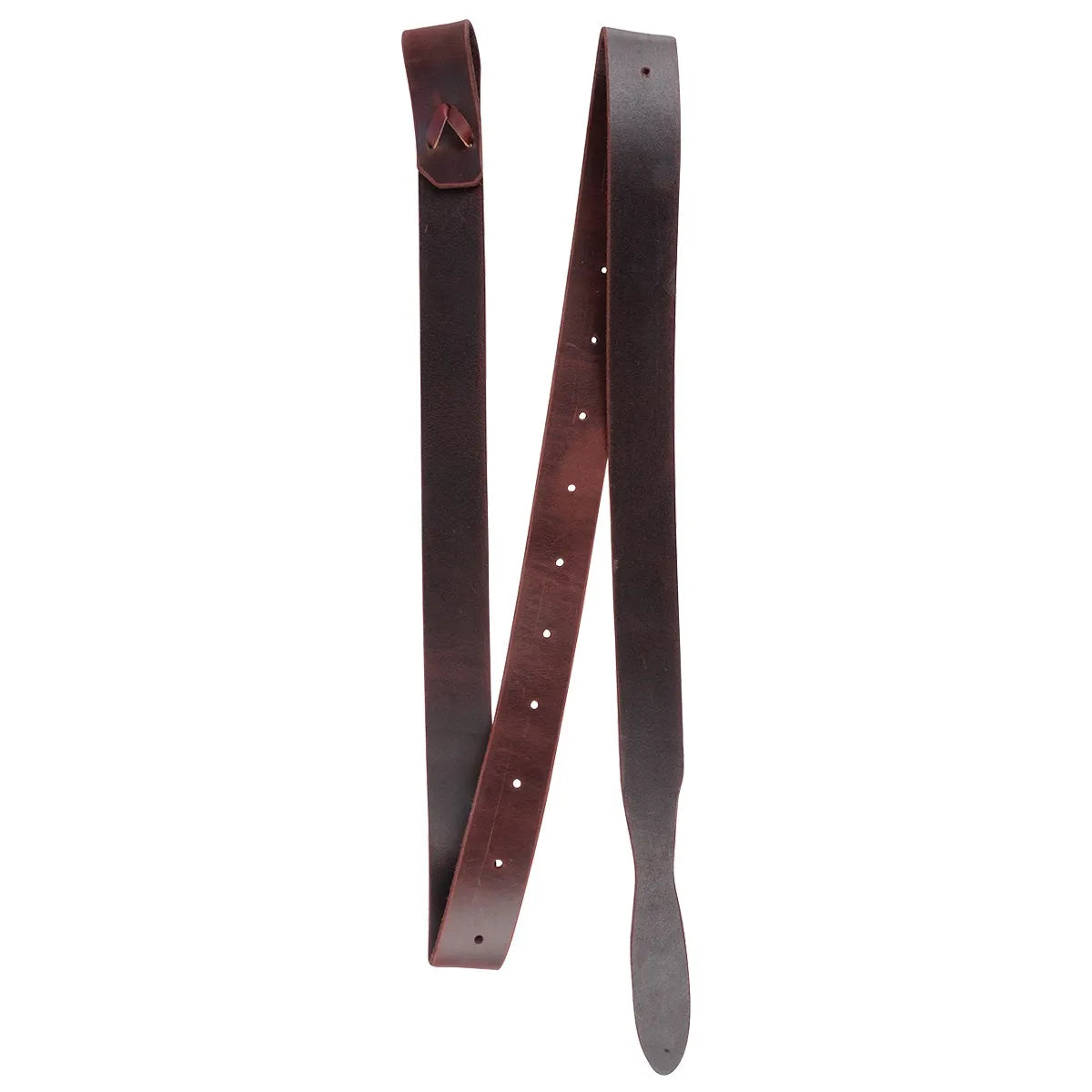 Martin Saddlery Heavy Leather Latigo in a rich chestnut brown. This premium western saddle strap features a durable, heavy-duty leather construction with a tapered end for easy cinching and multiple pre-punched adjustment holes. High-quality equestrian tack designed for strength and longevity when securing a horse's cinch.