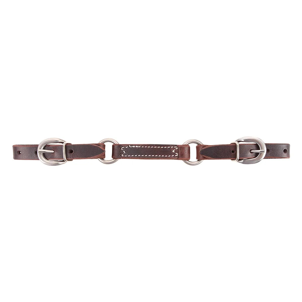 Martin Saddlery Jim Edwards Leather Curb Strap crafted from premium dark brown leather with elegant white decorative stitching. This high-quality horse tack features durable stainless steel buckles and rings, offering both adjustability and a professional look. Ideal for western riding and performance horses, this essential piece of equestrian gear provides precise control and durability for riders who value craftsmanship and style.
