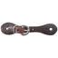Martin Saddlery Kid's Latigo Leather Spur Straps in a rich brown. These high-quality Western equestrian accessories feature durable, textured leather with a polished silver-tone oval buckle and keeper for a secure, adjustable fit. Designed with child safety in mind, the contoured leather strap has pre-punched holes at both ends for easy spur attachment. Essential horse riding gear for youth riders and little cowboys or cowgirls.
