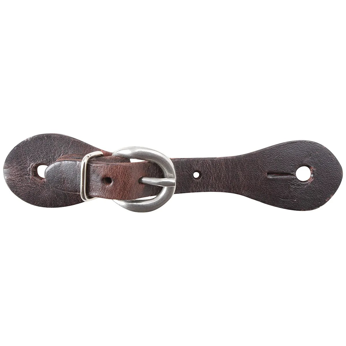 Martin Saddlery Kid's Latigo Leather Spur Straps in a rich brown. These high-quality Western equestrian accessories feature durable, textured leather with a polished silver-tone oval buckle and keeper for a secure, adjustable fit. Designed with child safety in mind, the contoured leather strap has pre-punched holes at both ends for easy spur attachment. Essential horse riding gear for youth riders and little cowboys or cowgirls.