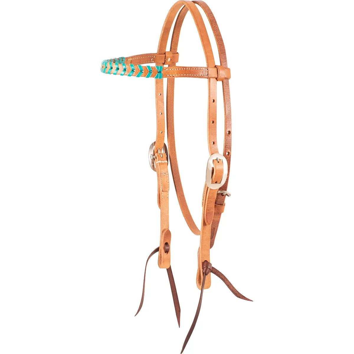 Martin Saddlery Laced Browband Harness Leather Headstall featuring a striking turquoise hand-laced zig-zag pattern. This premium Western horse headstall is crafted from durable natural harness leather with adjustable cheek pieces and polished stainless steel buckles. Includes dark latigo leather bit ties for a secure fit. A stylish and rugged choice for barrel racing, ranch work, or trail riding, blending classic equestrian quality with a vibrant pop of color.
