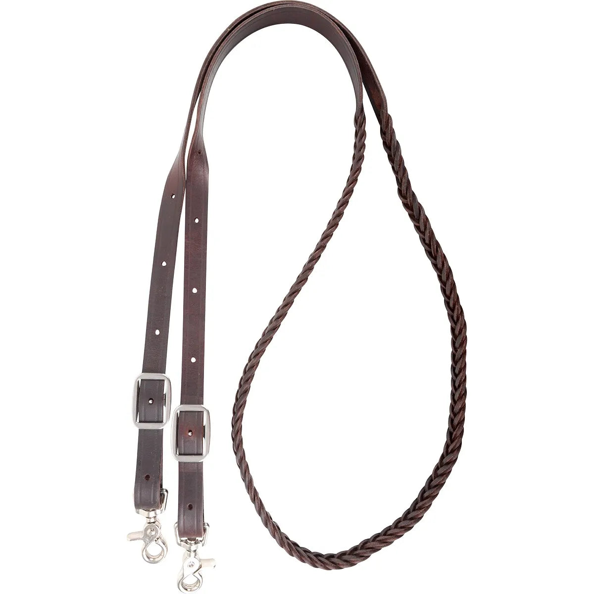 Martin Saddlery Latigo 5-Plait Roping Rein in dark brown leather, featuring a premium 5-plait braided design for enhanced grip and durability. These western roping reins include adjustable silver-tone buckles and heavy-duty swivel snaps for secure bit attachment. High-quality latigo leather construction makes this essential horse tack perfect for roping, performance riding, and professional equestrian training.
