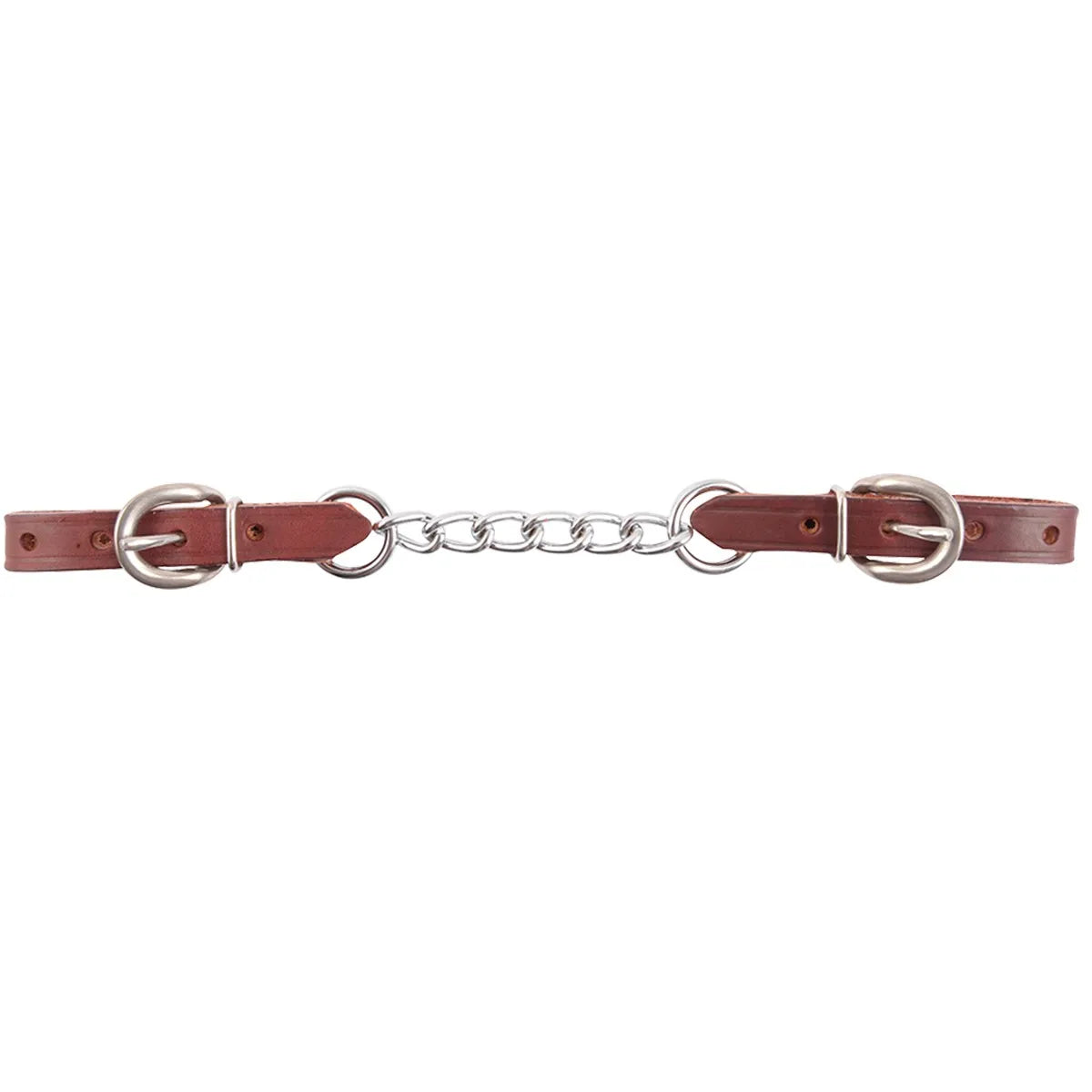 Martin Saddlery Latigo Curb Strap featuring premium burgundy latigo leather and a durable five-link stainless steel chain center. Designed with two adjustable buckles for a secure, custom fit, this high-quality western horse tack essential provides precise leverage and control. Ideal for western riding and horse training, this sleek and functional bit accessory is a must-have for any equestrian’s collection.