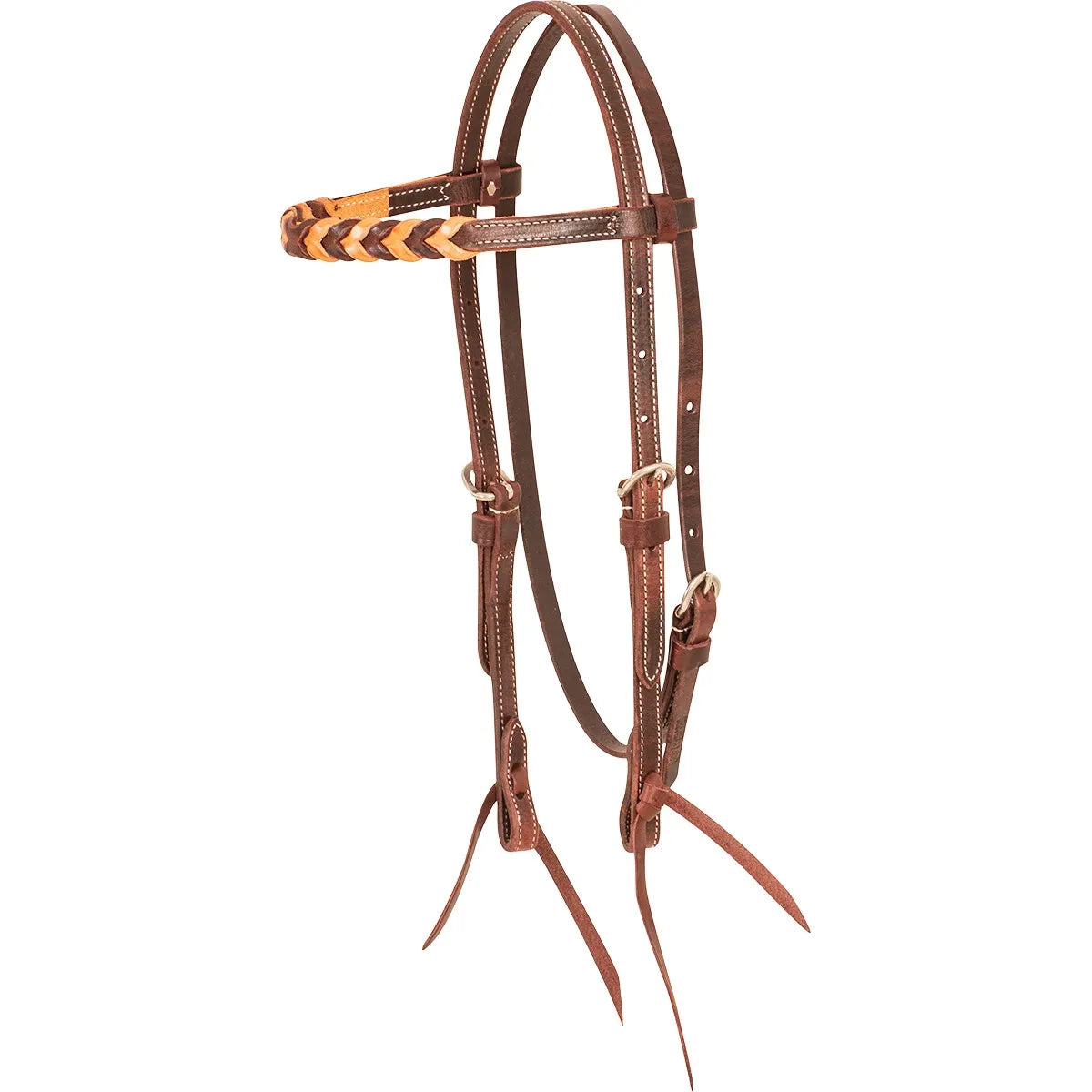 Martin Saddlery Latigo Leather Browband Headstall featuring a dark brown finish with white contrast stitching. The browband showcases a stylish tan and brown braided pattern. Includes durable silver-tone hardware and traditional blood knot tie ends for secure bit attachment. High-quality Western horse tack ideal for daily riding, ranch work, or competition.