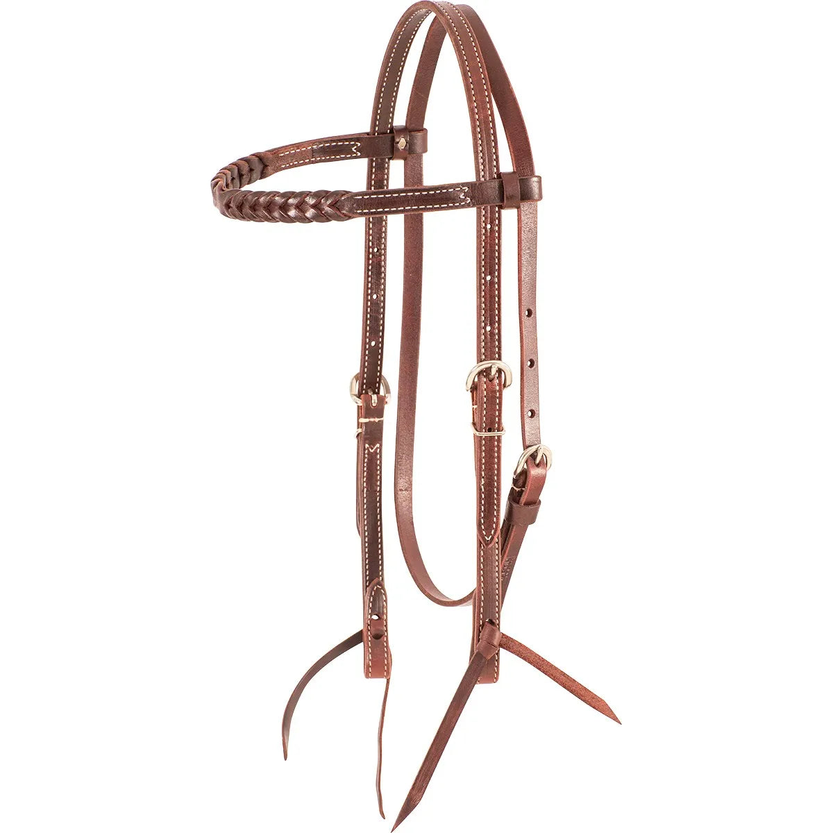 Martin Saddlery Latigo Leather Browband Headstall featuring a classic braided browband and durable blood knot bit ends. This premium western headstall is crafted from rich brown latigo leather with elegant white contrast stitching and stainless steel hardware. Ideal for western performance or everyday riding, this professional-grade horse tack offers a timeless look and long-lasting durability for any equestrian.