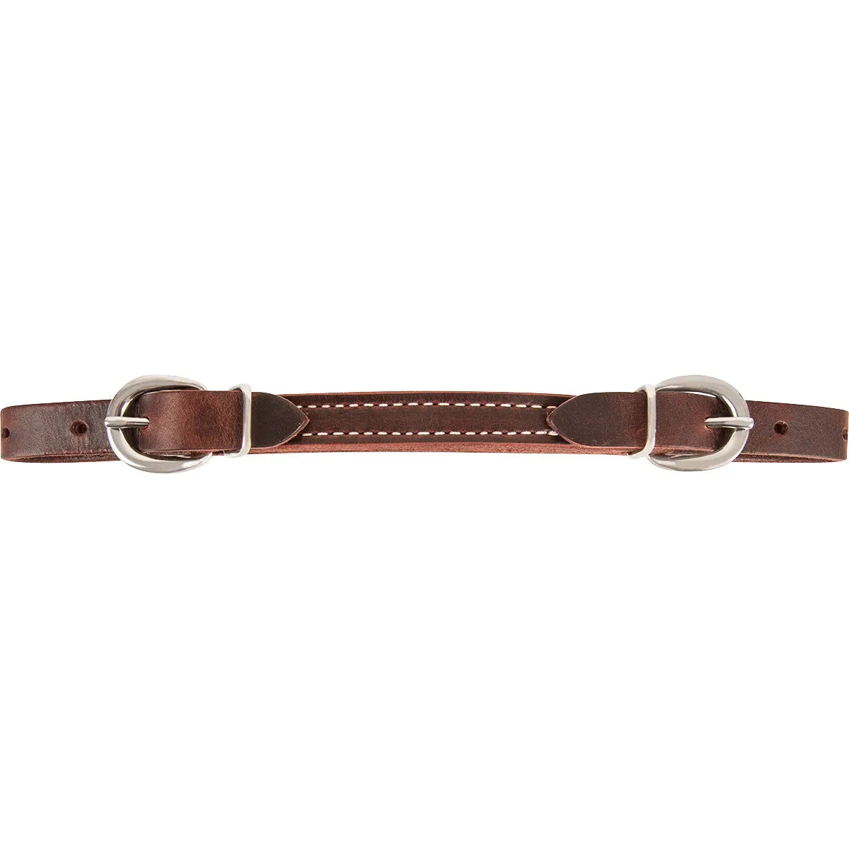 Martin Saddlery Latigo Leather Curb Strap in a rich mahogany brown with durable white contrast stitching. This high-quality western horse tack features double stainless steel buckles for easy adjustment and a secure fit. Designed to enhance bit stability and horse control, this premium leather strap is an essential piece of equestrian equipment for riders seeking both comfort and performance in the arena or on the trail.