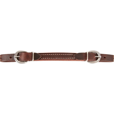 Martin Saddlery Latigo Leather Curb Strap in a rich mahogany brown with durable white contrast stitching. This high-quality western horse tack features double stainless steel buckles for easy adjustment and a secure fit. Designed to enhance bit stability and horse control, this premium leather strap is an essential piece of equestrian equipment for riders seeking both comfort and performance in the arena or on the trail.