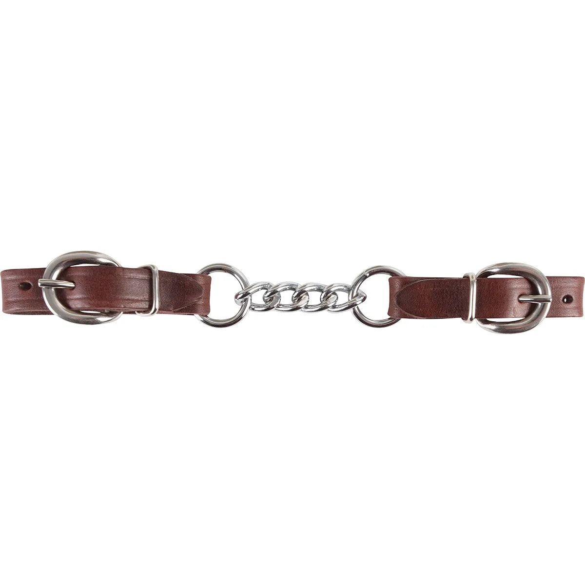 Martin Saddlery Latigo Leather Curb Strap with 3-Link Stainless Steel Chain. This premium western horse tack features rich brown latigo leather straps with adjustable stainless steel buckles on each end. A durable three-link silver chain is connected by two central metal rings, offering a classic look and reliable performance for western bridles and bits. Perfect equestrian accessory for horse training and show equipment.