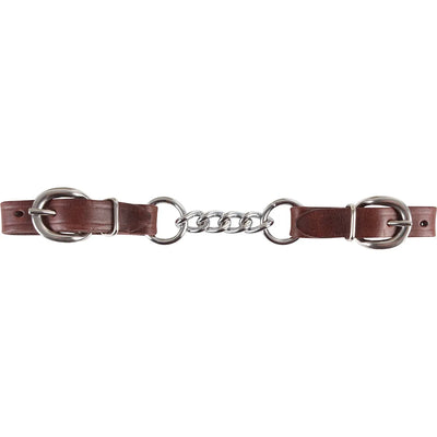Martin Saddlery Latigo Leather Curb Strap with 3-Link Stainless Steel Chain. This premium western horse tack features rich brown latigo leather straps with adjustable stainless steel buckles on each end. A durable three-link silver chain is connected by two central metal rings, offering a classic look and reliable performance for western bridles and bits. Perfect equestrian accessory for horse training and show equipment.