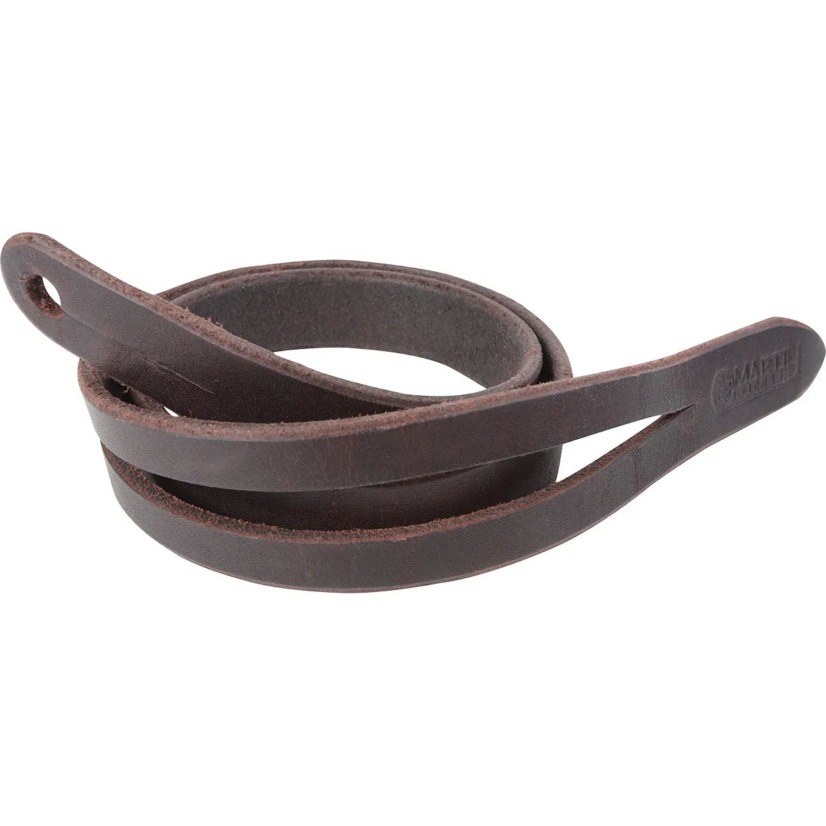 Martin Saddlery Latigo Leather Rope Strap in rich dark brown, essential for securing a roping rope to a western saddle. This durable leather strap features a pre-punched attachment hole and an embossed Martin Saddlery logo. A must-have piece of high-quality western tack for cowboys and ranch work, ensuring your lasso stays secure and organized. Thick, premium latigo leather construction makes it a reliable, long-lasting addition to any saddle gear collection.