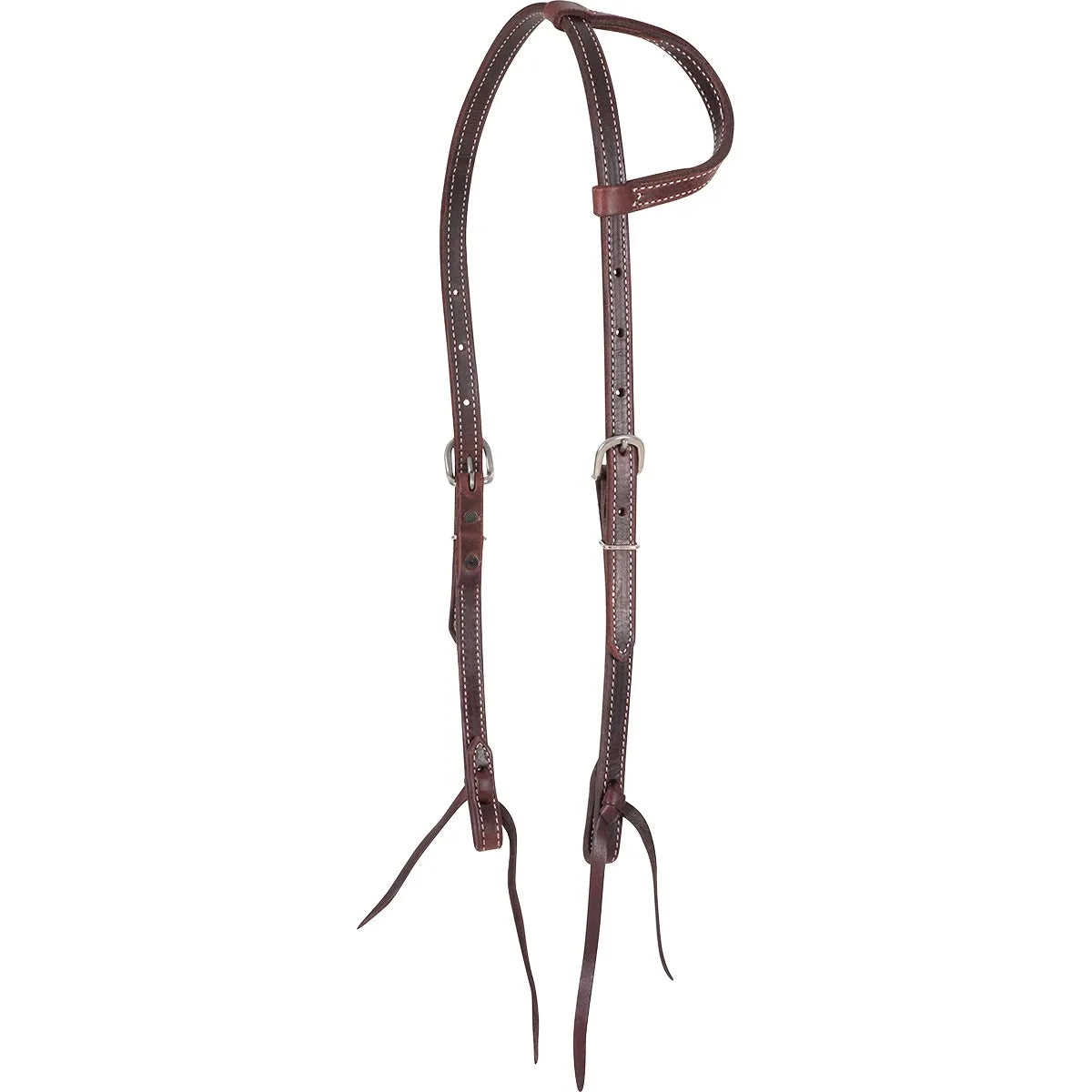 Martin Saddlery Latigo Leather Slip Ear Headstall featuring dark burgundy leather with white doubled and stitched accents. This high-quality Western headstall includes adjustable stainless steel buckles and traditional leather tie-bit ends for a secure fit. Durable and stylish, this slip-ear tack is perfect for performance horses, ranch work, or trail riding. A must-have piece of premium equestrian gear for riders who value traditional craftsmanship and reliability.