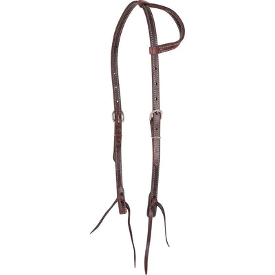 Martin Saddlery Latigo Leather Slip Ear Headstall featuring dark burgundy leather with white doubled and stitched accents. This high-quality Western headstall includes adjustable stainless steel buckles and traditional leather tie-bit ends for a secure fit. Durable and stylish, this slip-ear tack is perfect for performance horses, ranch work, or trail riding. A must-have piece of premium equestrian gear for riders who value traditional craftsmanship and reliability.