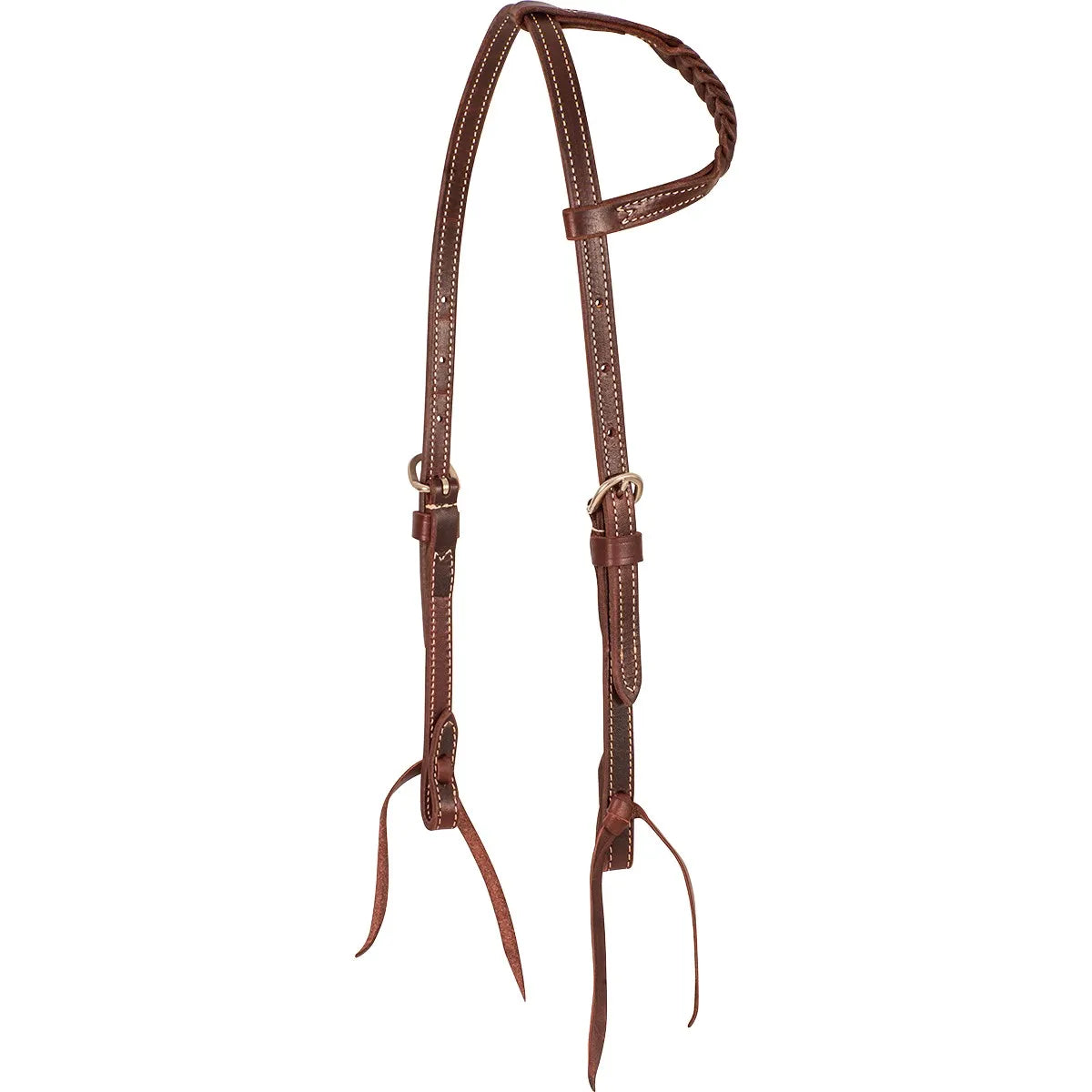 Martin Saddlery Latigo Single Ear Headstall crafted from premium dark brown leather with classic white contrast stitching. This high-quality horse tack features a unique braided ear loop, adjustable silver-tone buckles, and traditional blood knot bit ends for a secure, stylish fit. A durable and elegant choice for Western riders, ranch work, or training, this headstall combines professional performance with timeless equestrian style.