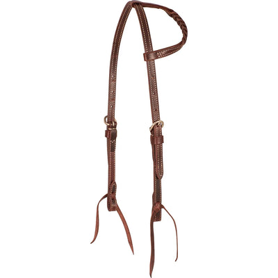 Martin Saddlery Latigo Single Ear Headstall crafted from premium dark brown leather with classic white contrast stitching. This high-quality horse tack features a unique braided ear loop, adjustable silver-tone buckles, and traditional blood knot bit ends for a secure, stylish fit. A durable and elegant choice for Western riders, ranch work, or training, this headstall combines professional performance with timeless equestrian style.