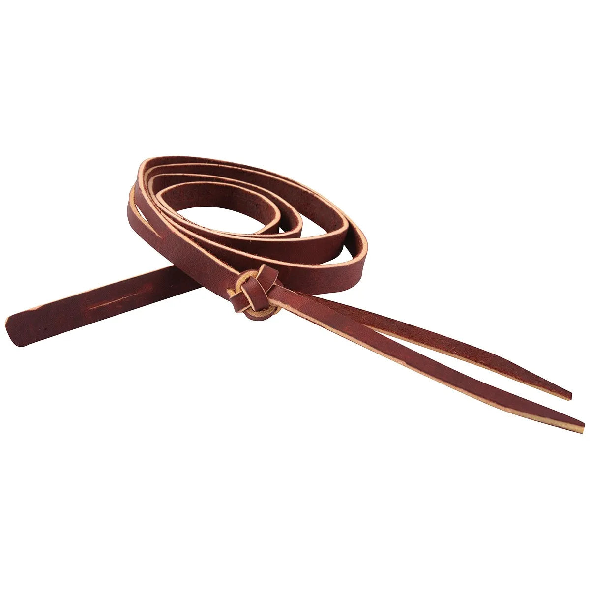 Martin Saddlery Leather Button Knot Rope Strap in a deep chestnut brown. This premium leather saddle accessory features a traditional button knot for secure attachment to your western saddle horn. Ideal for trail riding or ranch work, this durable rope strap ensures your lariat stays organized and accessible. High-quality horse tack designed for functionality and longevity, perfect for any western equestrian setup.