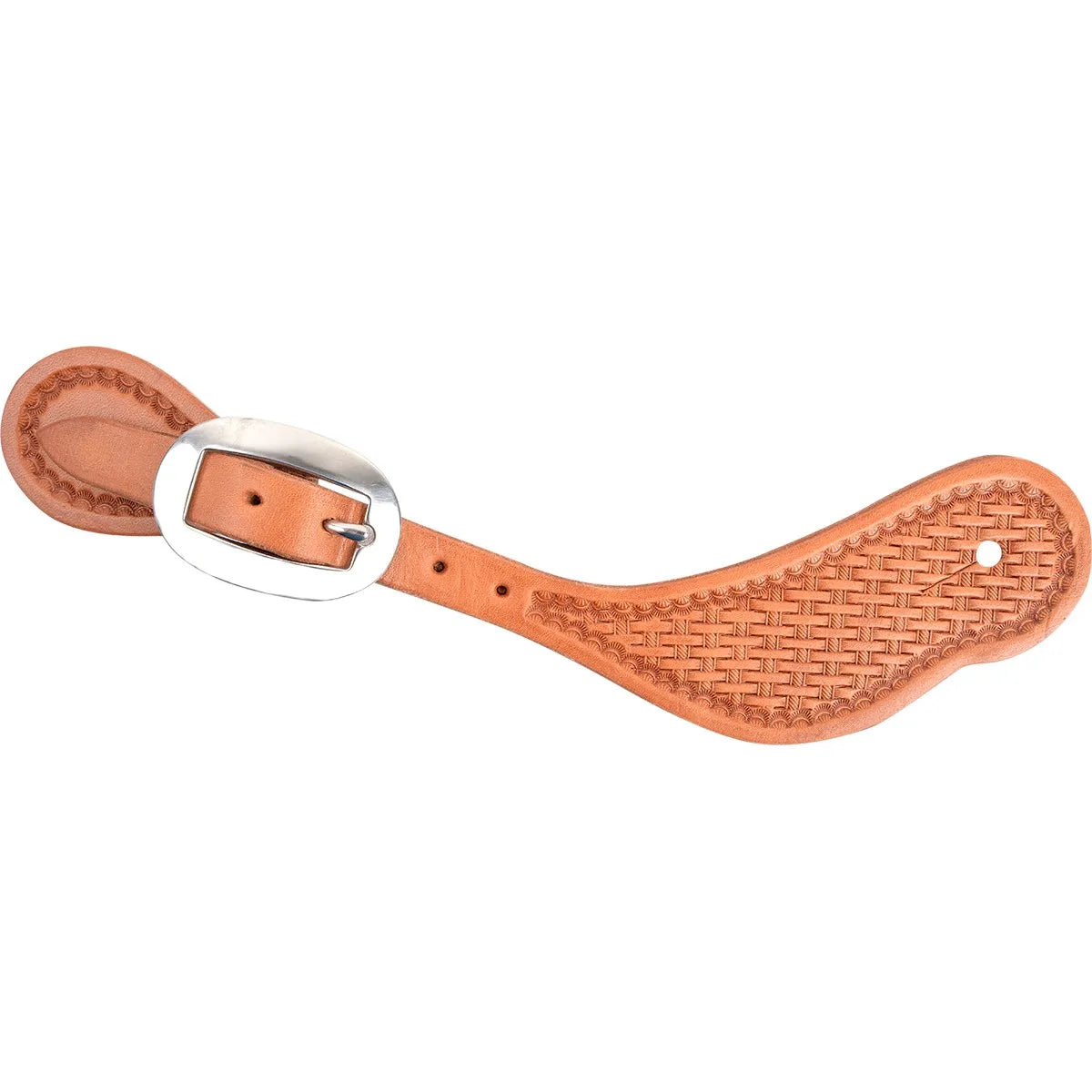 Martin Saddlery Men's Basket Stamped Leather Spur Straps in a rich natural tan. These durable western-style spur straps feature an intricate basket weave pattern, a polished silver-tone oval buckle, and a contoured design for a secure fit over western boots. Perfect for rodeo, ranch work, or pleasure riding, these high-quality leather straps offer timeless cowboy style and lasting performance.