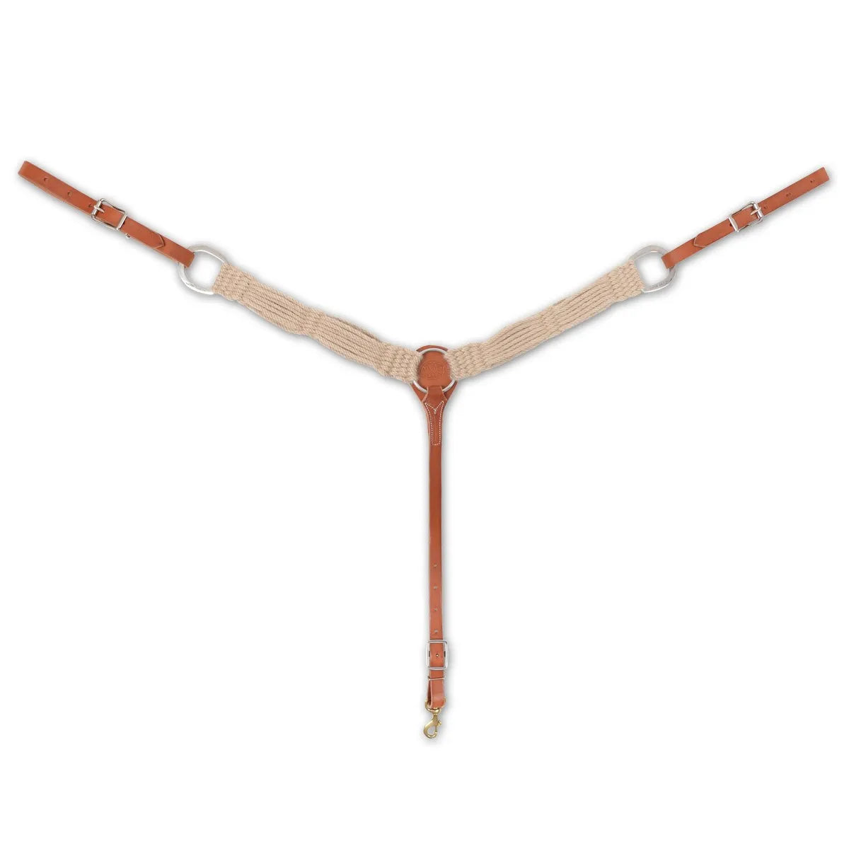 Martin Saddlery 2-inch natural mohair breast collar with chestnut brown leather. This high-quality western horse breastplate features 100% mohair cord for breathability and comfort, durable leather tug straps with silver-toned buckles, and a center strap with a snap for easy cinch attachment. Ideal for ranching, roping, or trail riding, this performance horse tack ensures saddle stability and a professional western look.