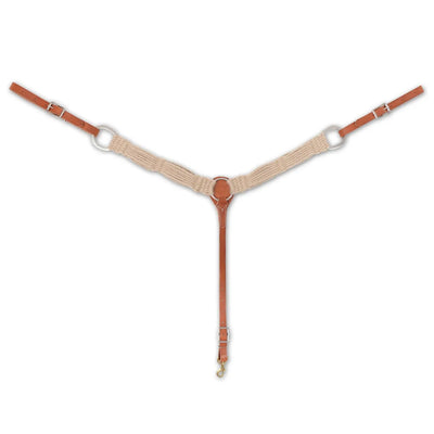 Martin Saddlery 2-inch natural mohair breast collar with chestnut brown leather. This high-quality western horse breastplate features 100% mohair cord for breathability and comfort, durable leather tug straps with silver-toned buckles, and a center strap with a snap for easy cinch attachment. Ideal for ranching, roping, or trail riding, this performance horse tack ensures saddle stability and a professional western look.