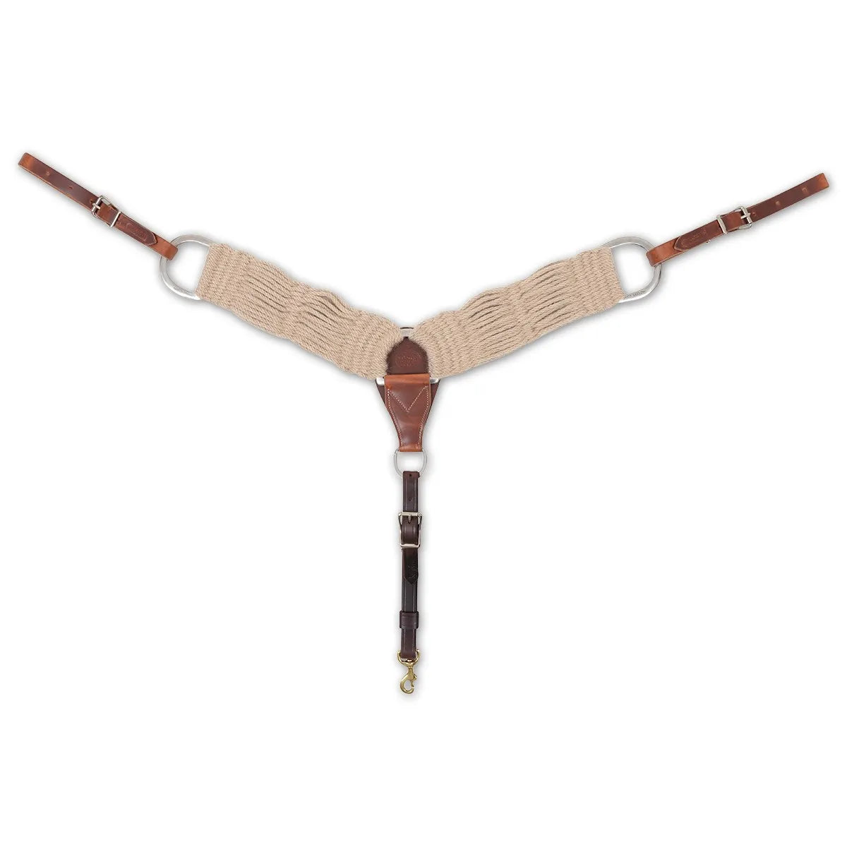 Martin Saddlery 3-inch Mohair Breast Collar featuring natural tan woven mohair for maximum breathability and horse comfort. This premium Western tack includes durable russet leather tugs with stainless steel buckles and a leather center plate with an adjustable cinch strap and brass snap hook. Perfect for trail riding or performance horses, this high-quality breast collar offers superior saddle stability and a classic, professional look.