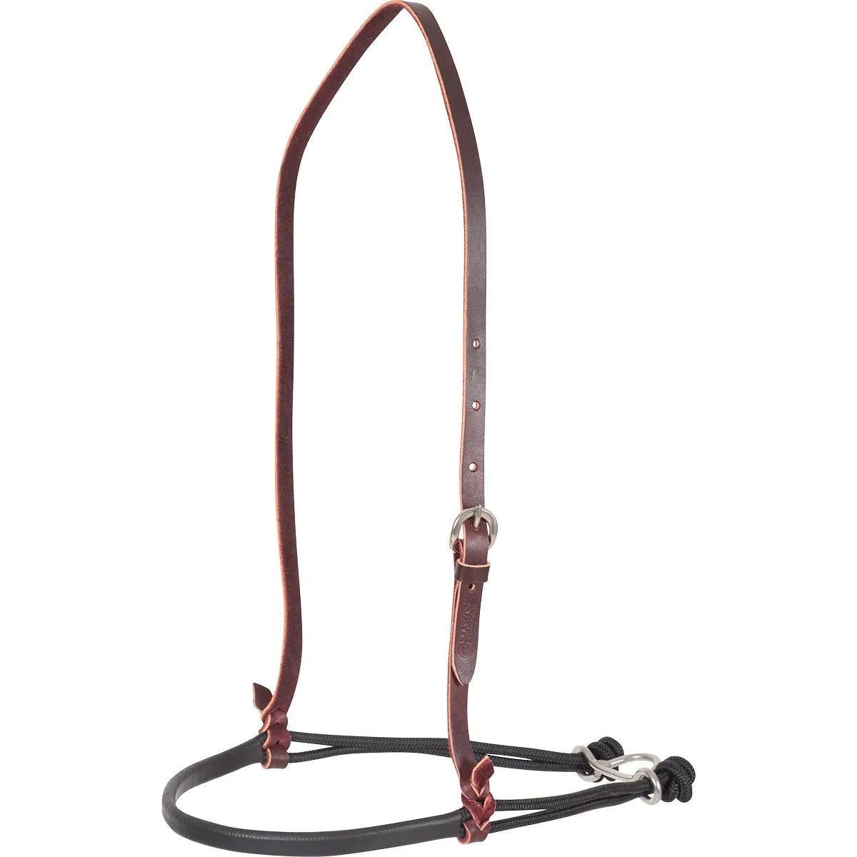 Martin Saddlery Nylon Rope Shrink Wrap Noseband NBDROPES featuring a black nylon rope noseband with protective shrink wrap. This Western horse tack includes a durable dark oil leather headstall with an adjustable silver buckle for a custom fit. Perfect for horse training or performance, this professional-grade noseband combines durability with a classic Western aesthetic.