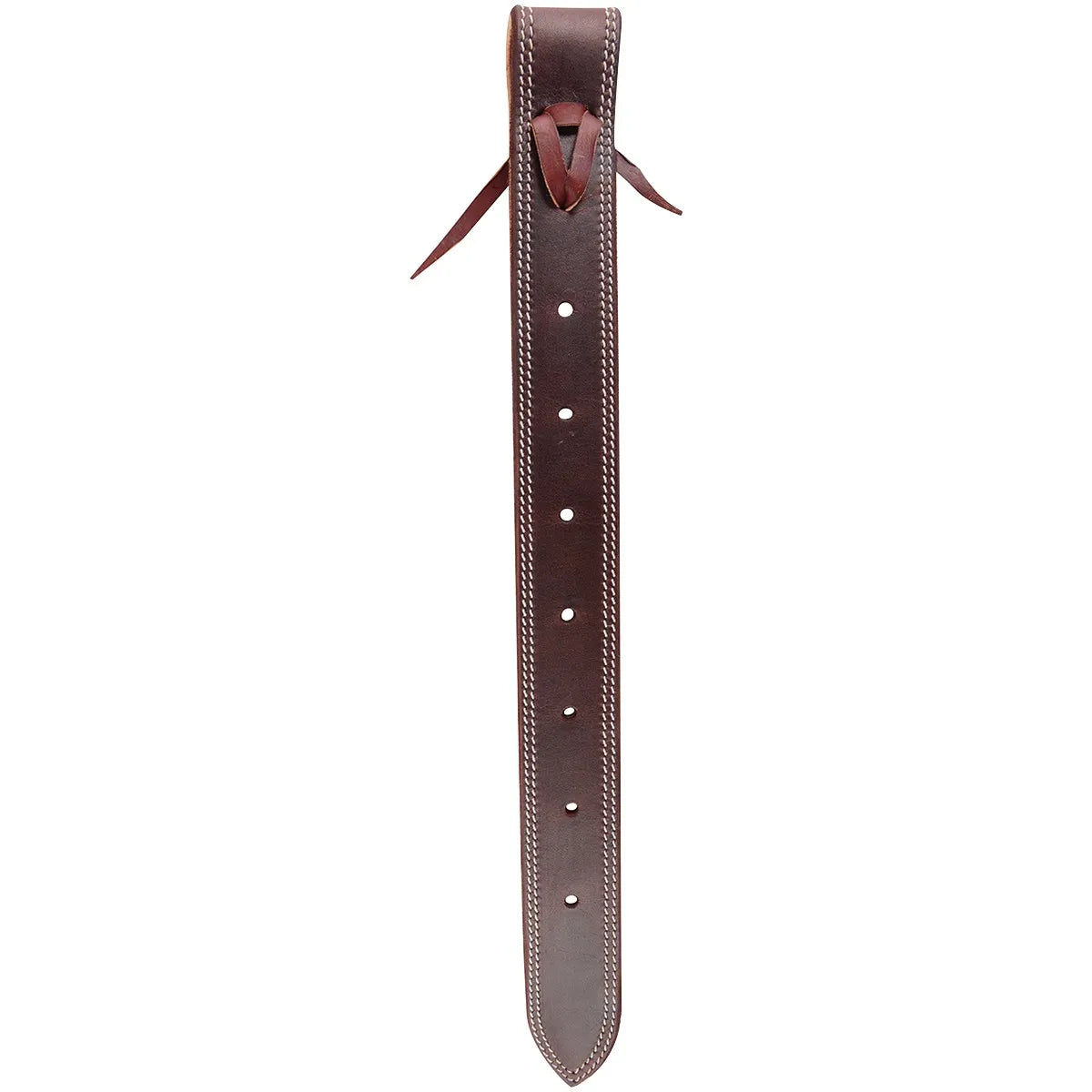 Martin Saddlery Offside Latigo crafted from premium dark brown leather featuring elegant white contrast double-stitching. This essential Western horse tack strap includes a secure tie-on attachment and multiple adjustment holes for a perfect saddle fit. Durable and professionally finished with a tapered tip, it’s a high-quality replacement latigo for any Western saddle, combining traditional style with rugged performance for equestrian enthusiasts.