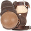 Martin Saddlery Pro Skid Boots in chocolate brown leather with white contrast stitching. These professional horse protection boots feature a durable tan outer cup embossed with horse logos, designed for fetlock safety during reining and roping. Includes adjustable leather straps with silver buckles for a secure fit. Ideal performance equestrian gear for sliding stops and hind leg protection.