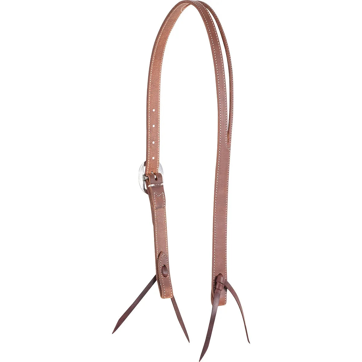 Martin Saddlery Ranahan Headstall crafted from premium medium brown harness leather with durable white contrast stitching. This professional Western headstall features a high-quality stainless steel buckle for easy adjustment and classic leather tie bit ends for security. A versatile and long-lasting piece of horse tack, perfect for ranch work, training, or trail riding. Ideal for any equestrian looking for top-tier Western horse gear.