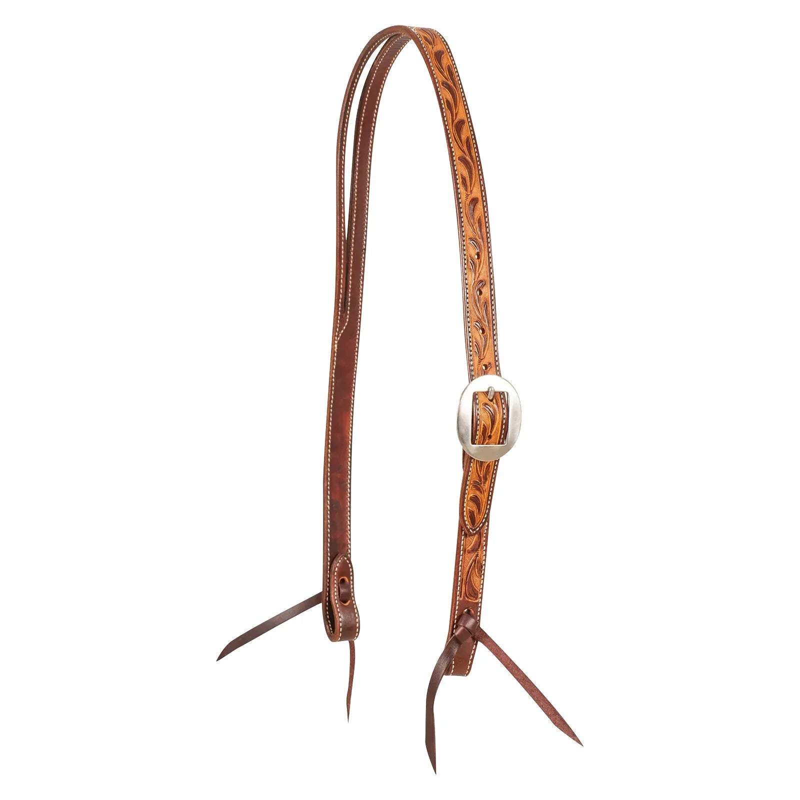 Martin Saddlery Ranahan Weathered Antique Vine Tooled Split Ear Headstall featuring intricate floral vine carving on high-quality leather. This western horse headstall showcases a rich weathered tan finish, a classic silver-toned buckle for easy adjustment, and durable leather tie ends for bit attachment. Perfect for performance or pleasure riding, this piece combines traditional craftsmanship with rugged, antique style for a standout look in any arena.