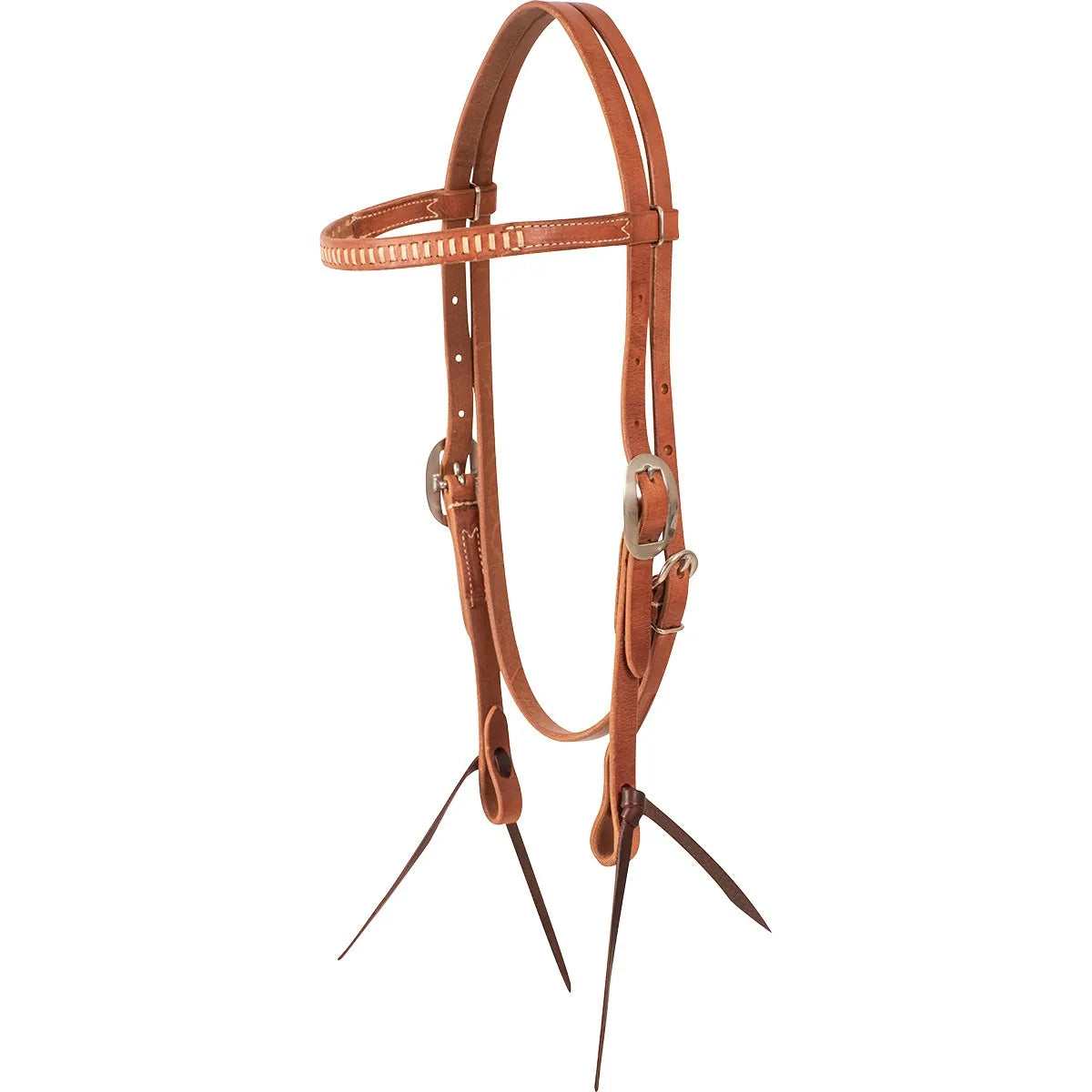 Martin Saddlery Western Rawhide Laced Browband Headstall crafted from premium tan harness leather. This durable horse bridle features a distinctive rawhide whipstitched browband, adjustable stainless steel hardware, and secure tie-bit ends. Ideal for ranch work, performance horse training, or everyday western riding, this high-quality equestrian tack is designed for both professional style and long-lasting performance.