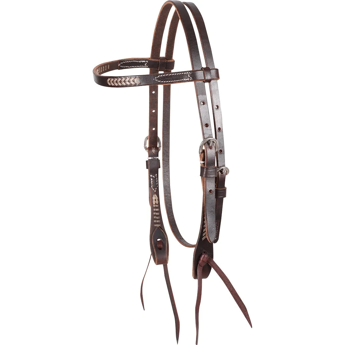 Martin Saddlery Rawhide Laced Chocolate Browband Headstall in rich dark brown leather. This high-quality western horse headstall features detailed rawhide lacing on the browband and cheekpieces, durable stainless steel buckles, and classic leather bit ties. A perfect blend of classic elegance and functionality for western riding, horse shows, and everyday equestrian use.