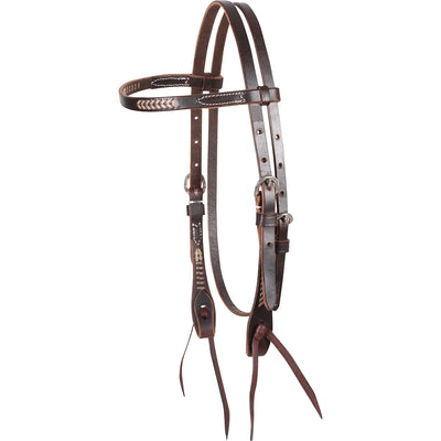 Martin Saddlery Rawhide Laced Chocolate Browband Headstall in rich dark brown leather. This high-quality western horse headstall features detailed rawhide lacing on the browband and cheekpieces, durable stainless steel buckles, and classic leather bit ties. A perfect blend of classic elegance and functionality for western riding, horse shows, and everyday equestrian use.